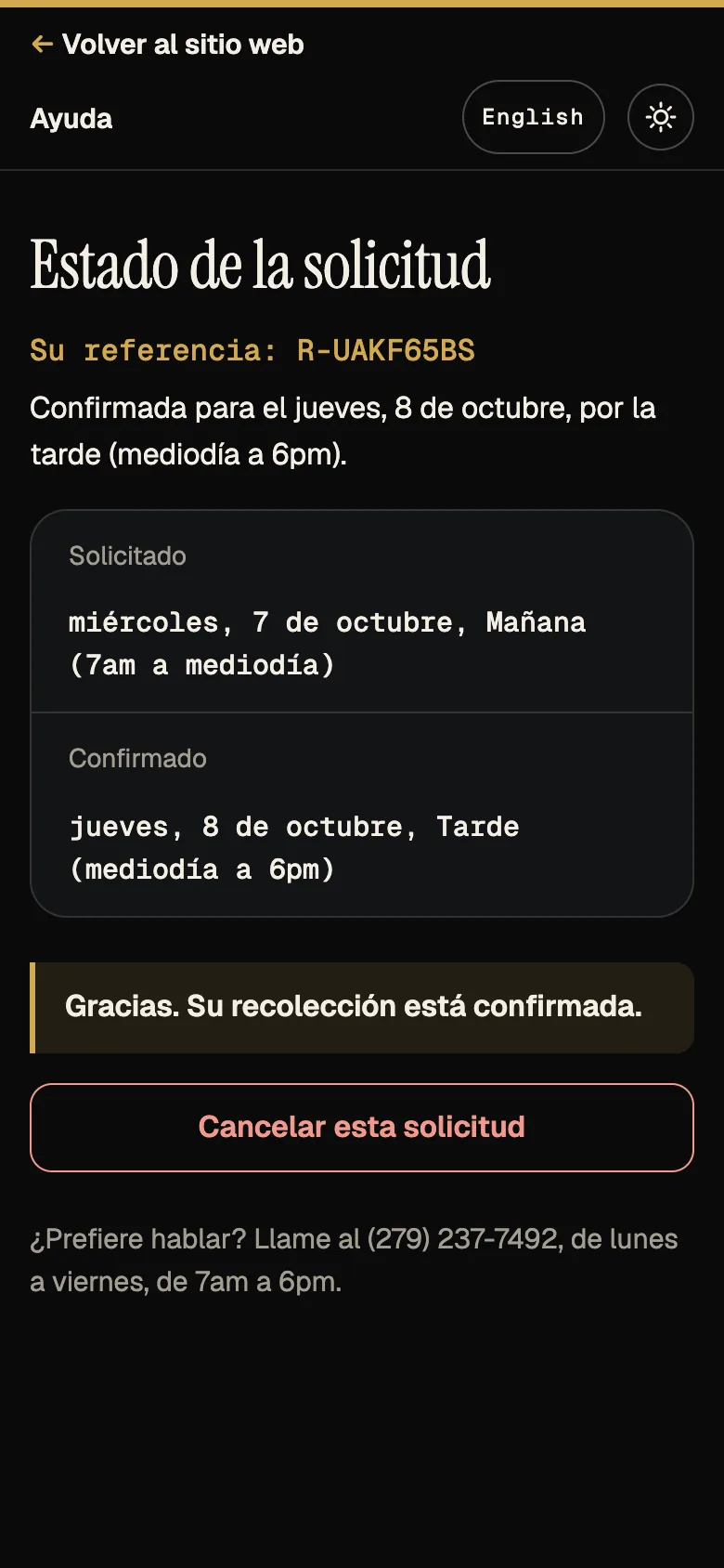 Captura: página de estado, estado Confirmada, teléfono, español.