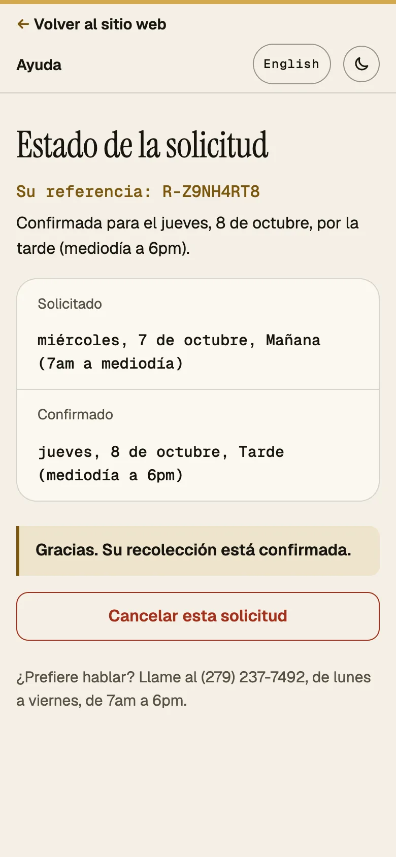 Captura: página de estado, estado Confirmada, teléfono, español.