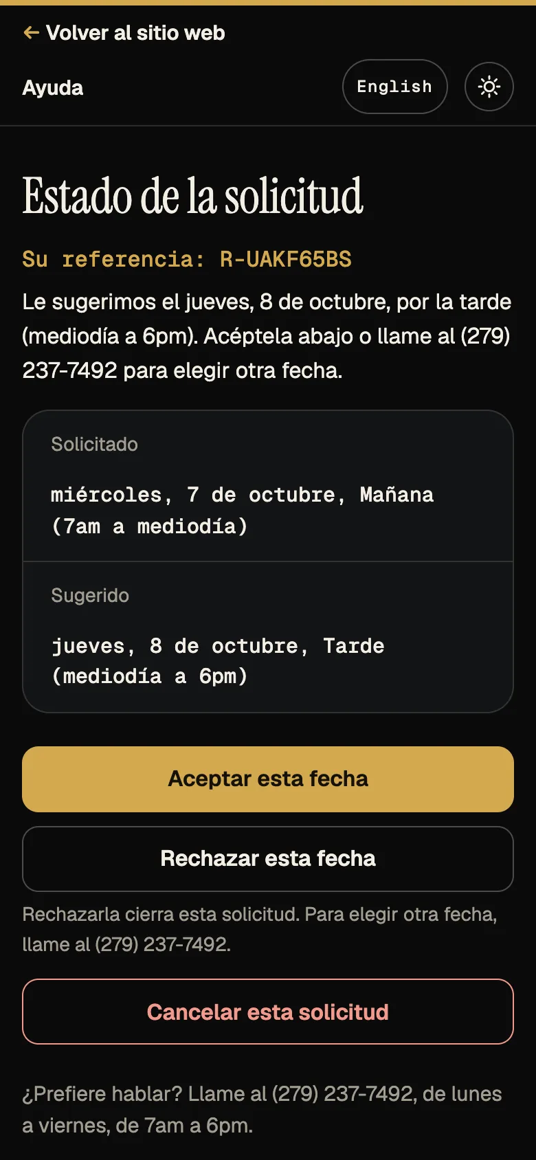 Captura: página de estado con una fecha sugerida y los botones de aceptar, rechazar y cancelar, teléfono, español.