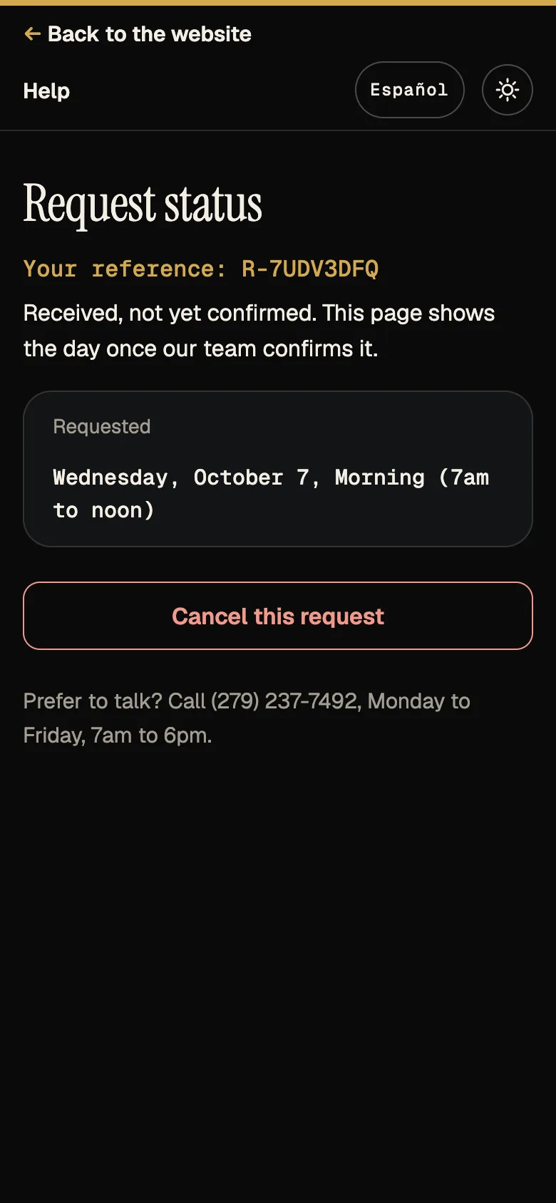 Screenshot: status page, status Requested, phone, English.