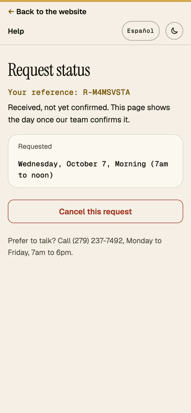 Screenshot: status page, status Requested, phone, English.