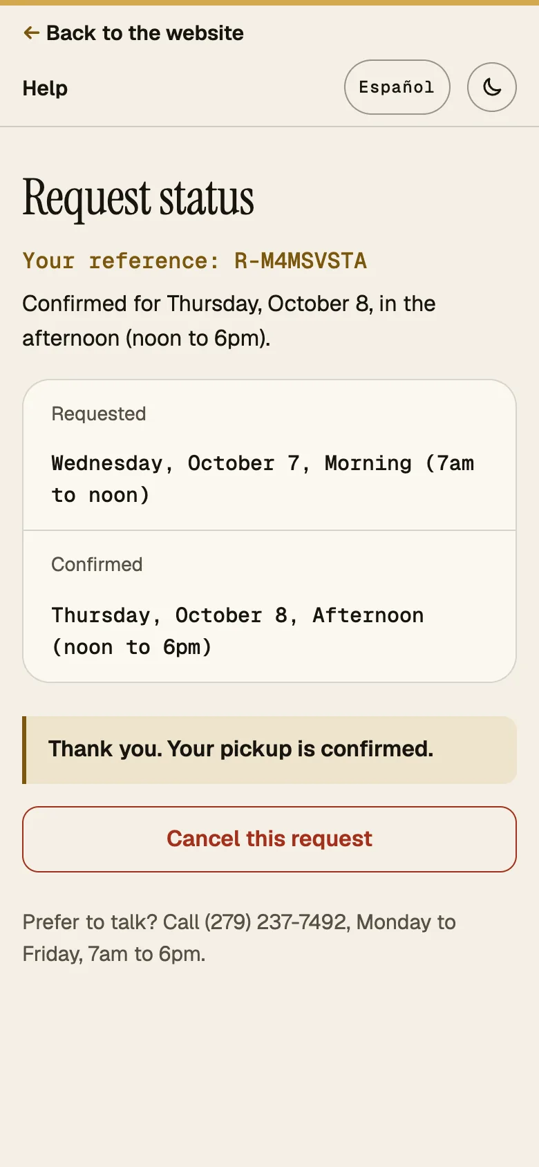 Screenshot: status page, status Confirmed, phone, English.